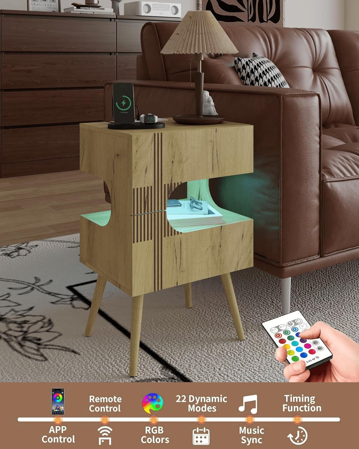 Nightstand with Charging Station and LED Lights,Modern Bedside Table with 2 Storage Drawer,Night Stand with Solid Wood Legs,White (Oak)