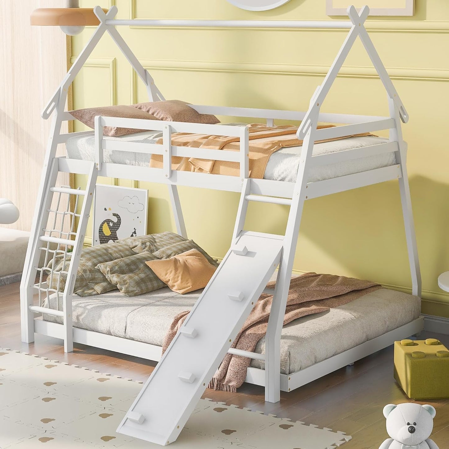 Twin Over Queen House Bunk Bed with Climbing Nets and Climbing Ramp for Kids Teens Boys Girls,Solid Wood Bunk Bed Frame with Safety Guardrails,Playful Design,White
