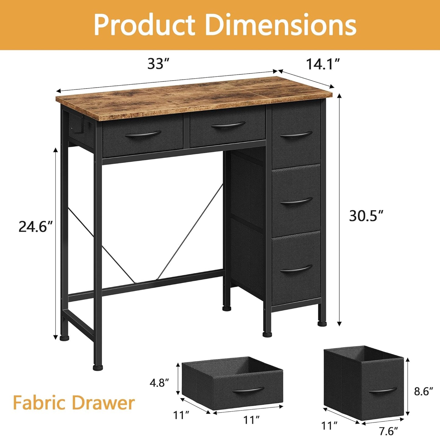 Small Desk with 5 Fabric Drawers, 33 Inch Computer Desk for Home Office, Simple PC Desks for Small Places, Kids Girls Teen Wrting Table Study Table for Bedroom Dorm, Rustic Brown