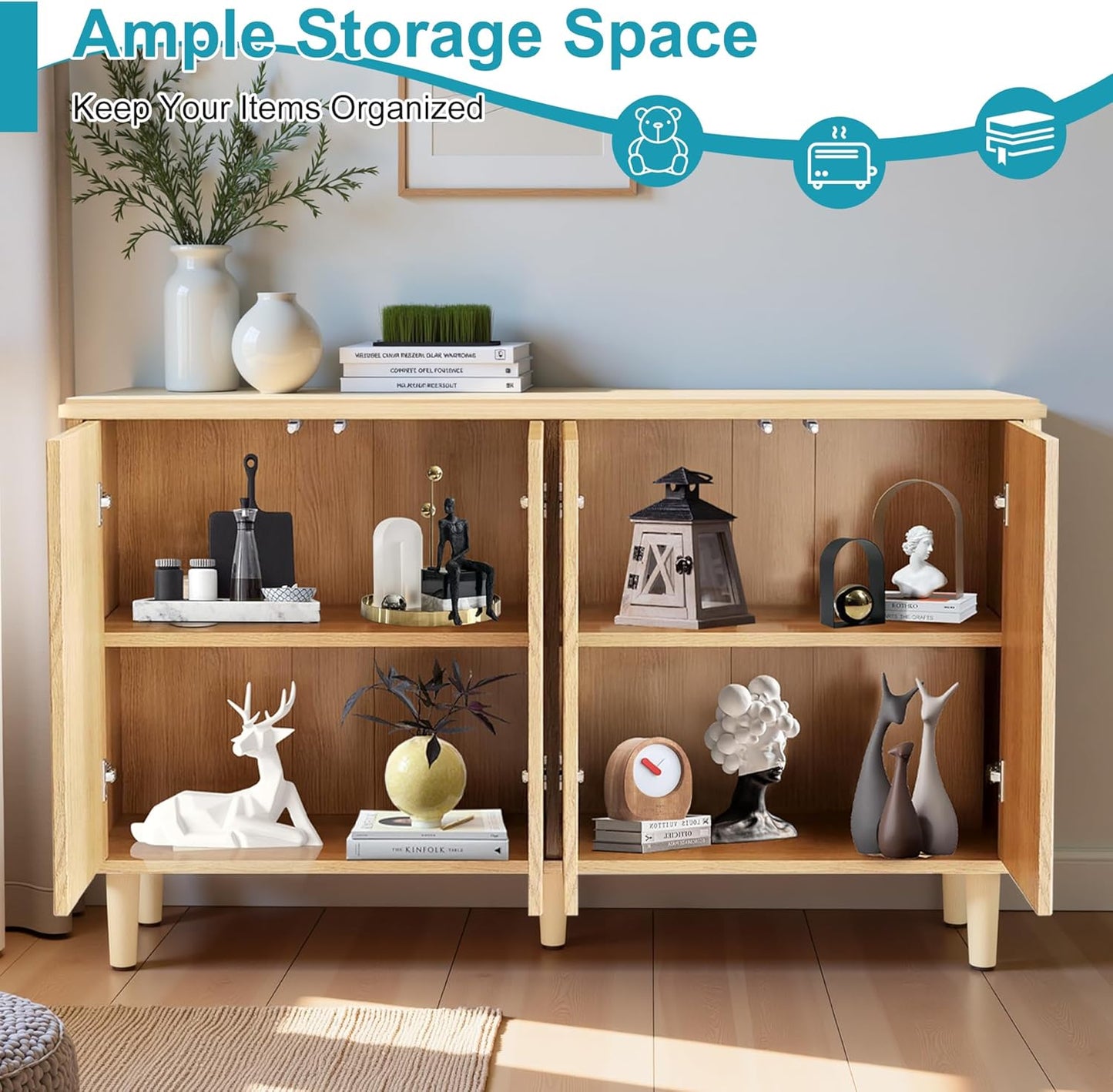 59.4" Sideboard Buffet Cabinet with Storage, Kitchen Buffet Storage Cabinet with Doors & Shelves, Modern Sideboard for Living Room, Kitchen, Hallway, Light Walnut