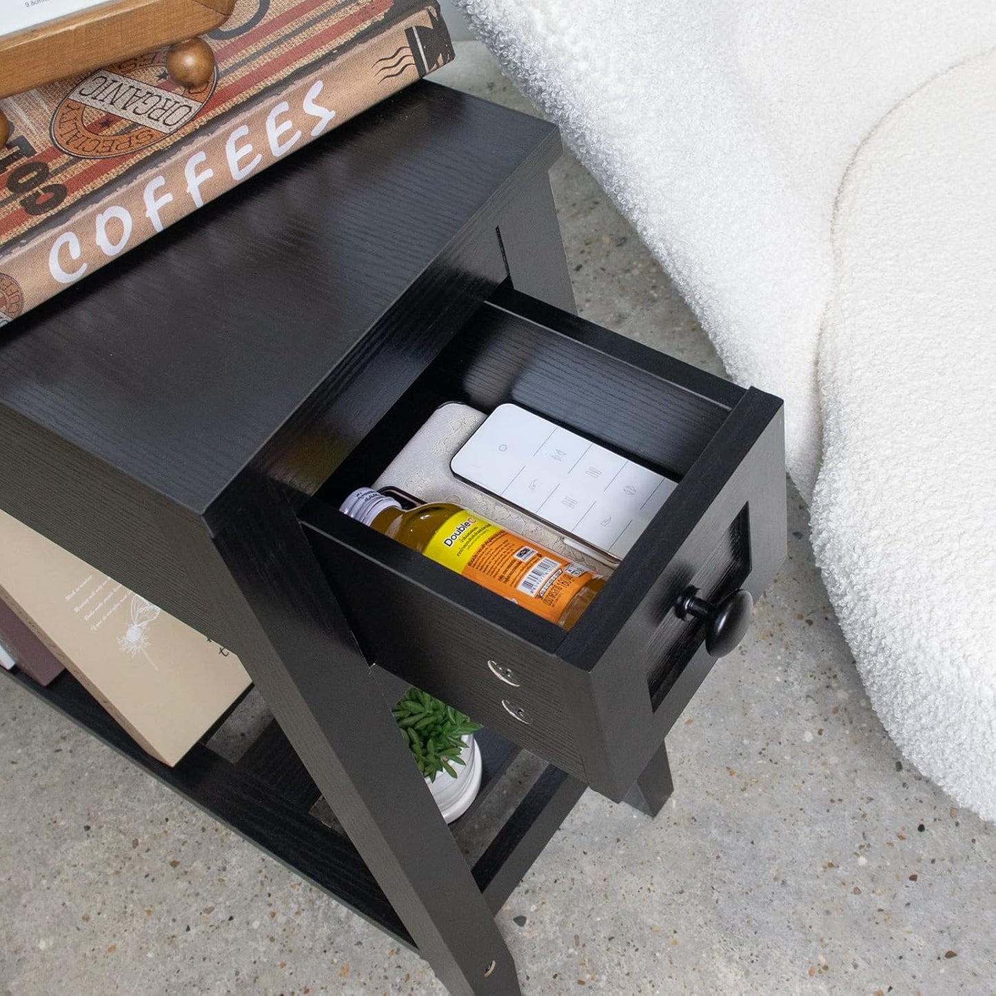 Narrow End Table, Black Side Table with Drawer, Slim Bed Side Table for Small Space/Night Stand Set of 1, Side Table for Couch