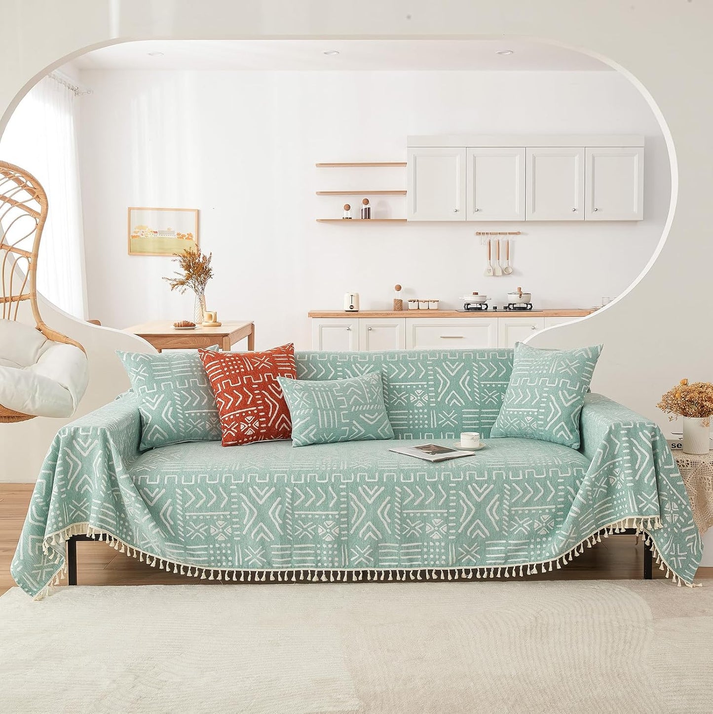 HANDONTIME Farmhouse Couch Cover Tassel Light Green Sofa Covers for Dogs Boho Décor Geometric Aztec Couch Cushion Cover Sofa Protector Cover Sectional Couch Covers for 3 Cushion Couch, 71" X134"