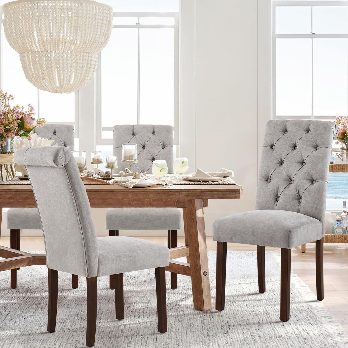 COLAMY Button Tufted Dining Chairs Set of 4, Parsons Upholstered Fabric Dining Room Chairs Kitchen Chairs with Wood Legs and Padded Seat, Light Grey