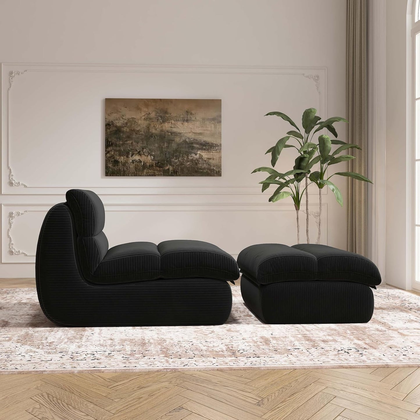 Bean Bag Chair with Ottoman, Cozy Comfy Reading Nook Chairs, Ultra Soft Corduroy Fabric Bean Bag Chairs for Adults, Reading Chair with Ottoman for Living Room, Bedroom Apartment (Black)