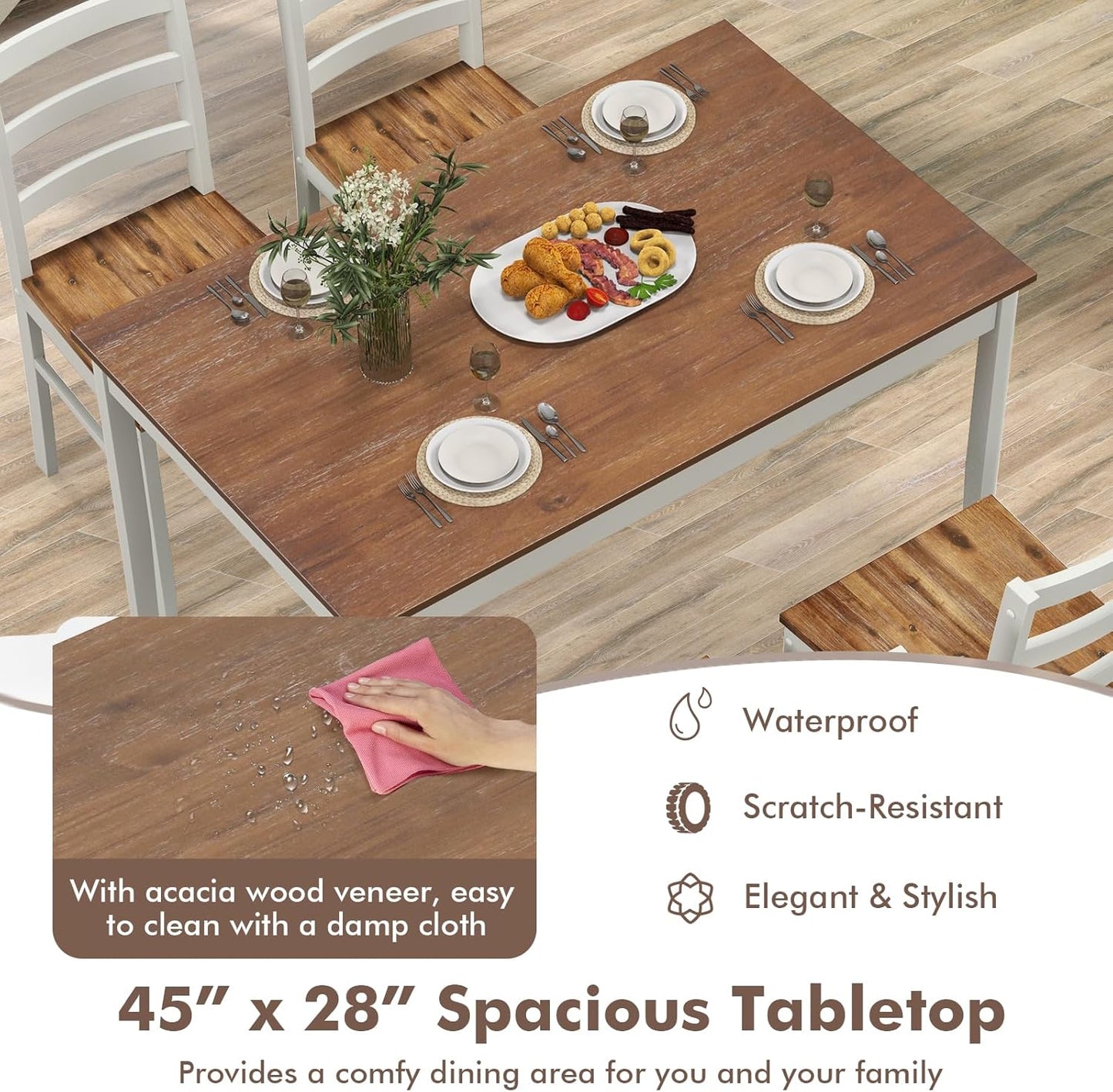 Giantex 5-Piece Dining Set for 4, Solid Wood Rectangular Table & 4 Chairs wtih Rubber Wood Legs, Kitchen Table and Chairs Set for Small Spaces Dinette Dining Room Restaurant (Rustic Brown)