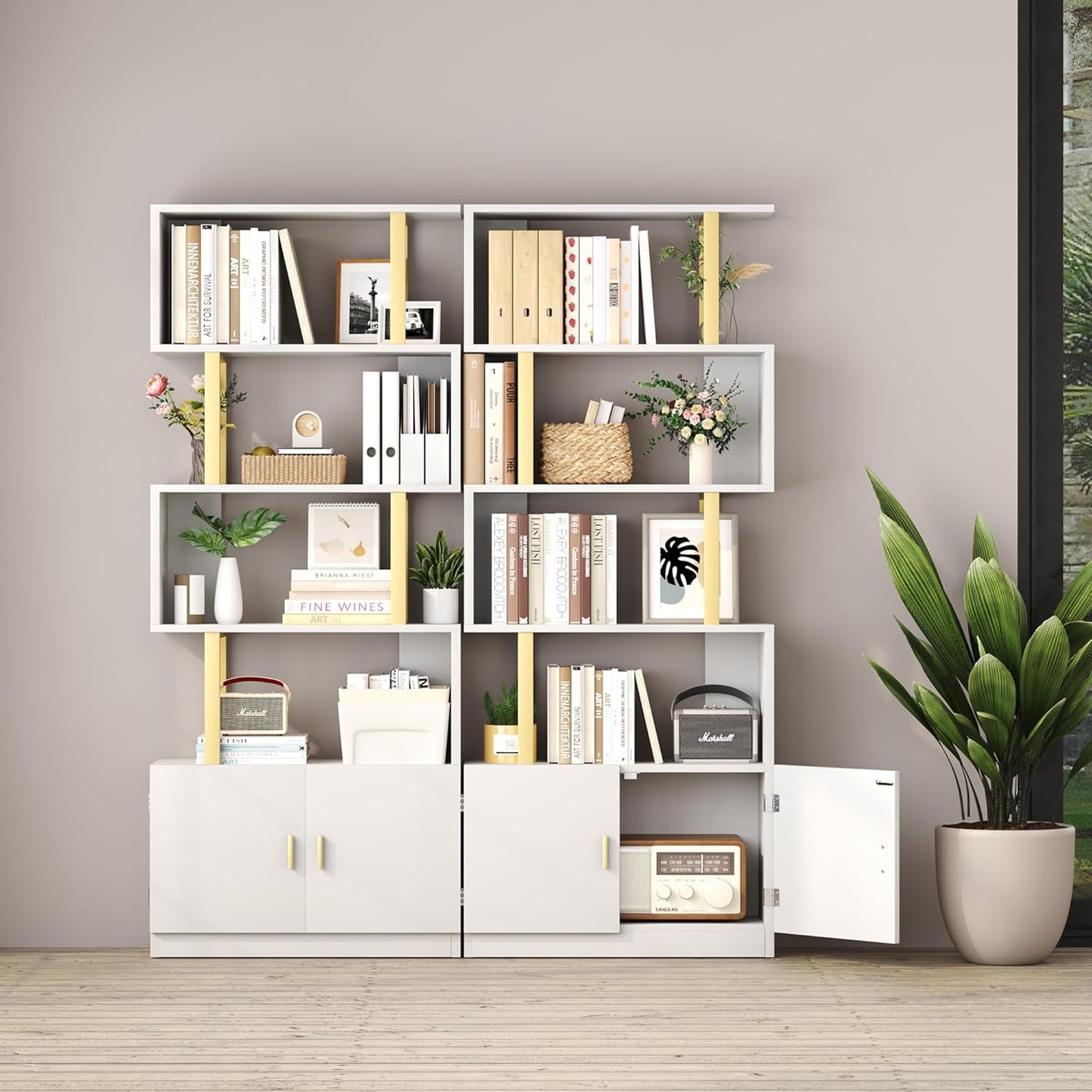 Yusong Geometric Bookcase with Cabinet, S Shaped Bookshelf 5-Tier Book Shelves for Bedroom, Modern Wood Decorative Display Shelf Tall Book Case for Home Office, Gold and White