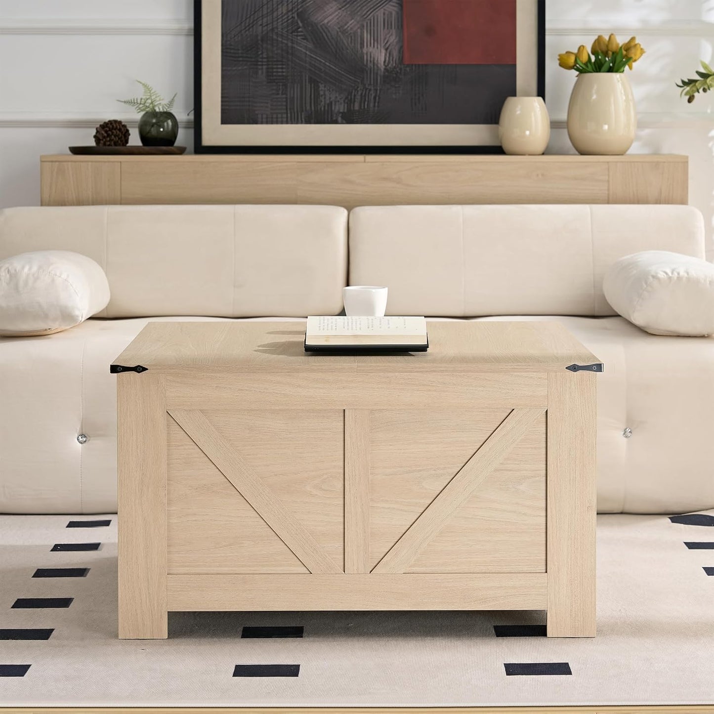 Farmhouse Coffee Table for Living Room, Wood Square Coffee Tables, 31.5" D x 31.5" W, Natural Oak