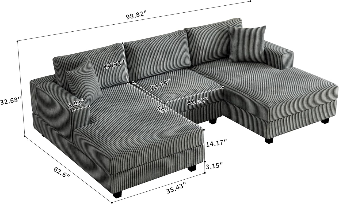 99" Symmetrical U Shaped Reversible Modular Sectional Sofa, Convertible Sofa Lounger Couch with Double Chaise Lounge and Thickness Cushions, Extra Wide Seat Couch w/Headrest