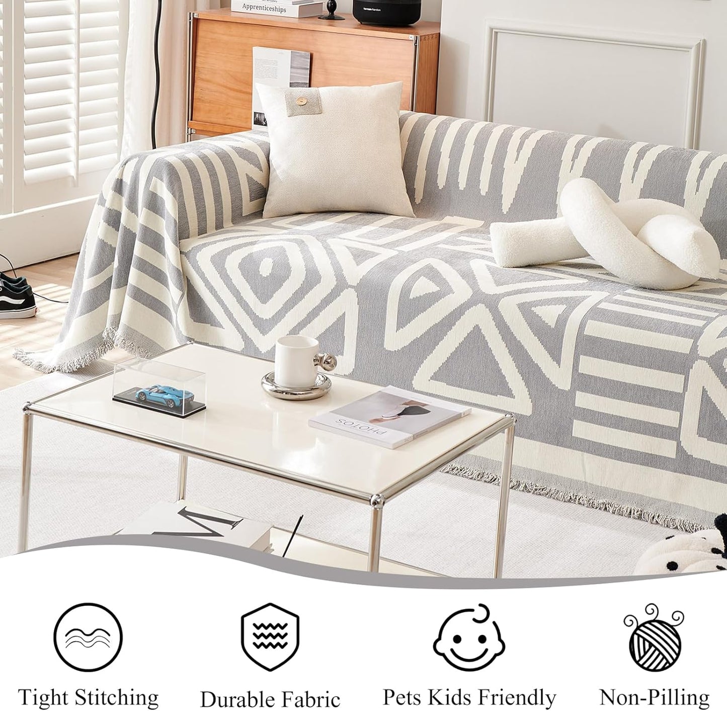 STACYPIK Durable Chenille Gray Beige Sofa Cover Boho Triangle Slipcover Furniture Protector Washable Armchair Couch Cover for 2 Cushion Couch Non-Slip Jacquard Sofa Protector Pet Friendly-71X90IN