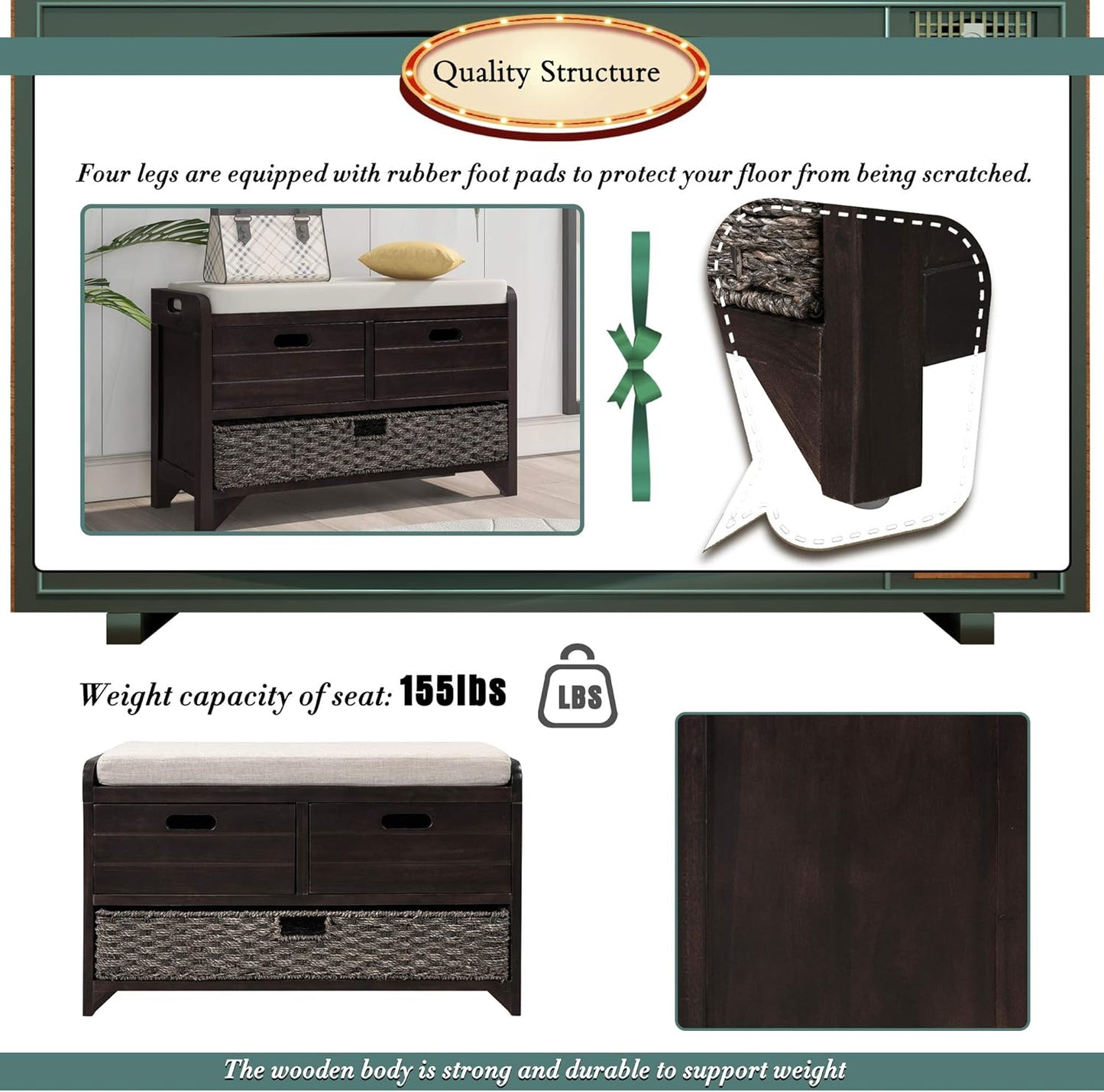 Merax Farmhouse Wood Shoe Bench with Storage and Seat Cushion for Entryway Hallway Front Door Espresso