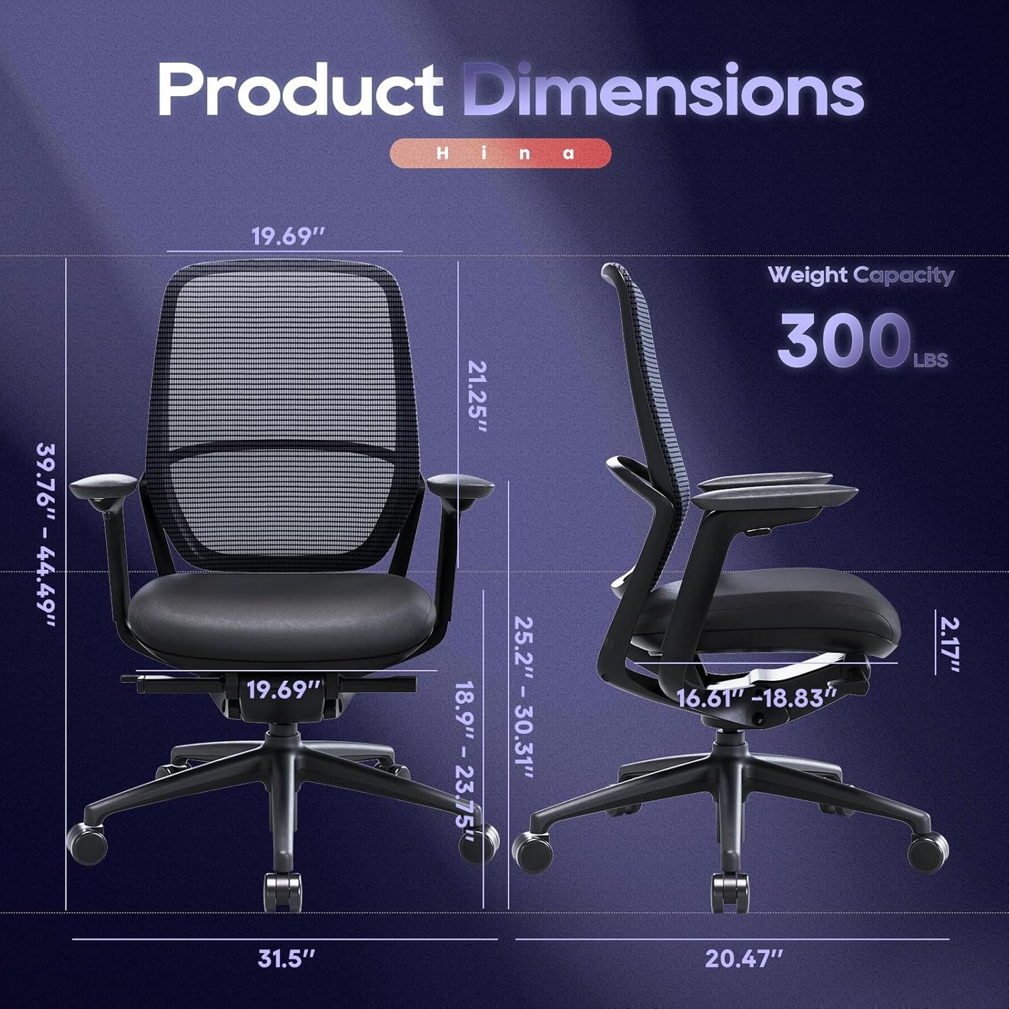 Ergonomic Office Chair Without Headrest, Genuine Leather Seat, Adjustable Seat Depth, 4D Armrests, Aluminum Alloy Base, Mesh Back, High-End Executive Desk Chair Black (Obsidian Black)