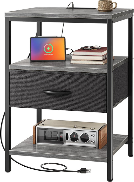 SUPERJARE Night Stand with Charger Station, 27.7 Inch Tall Nightstand with Adjustable Fabric Drawer, Bed Side Table, Fabric Drawer Dresser for Bedroom, Living Room, Charcoal Gray and Black
