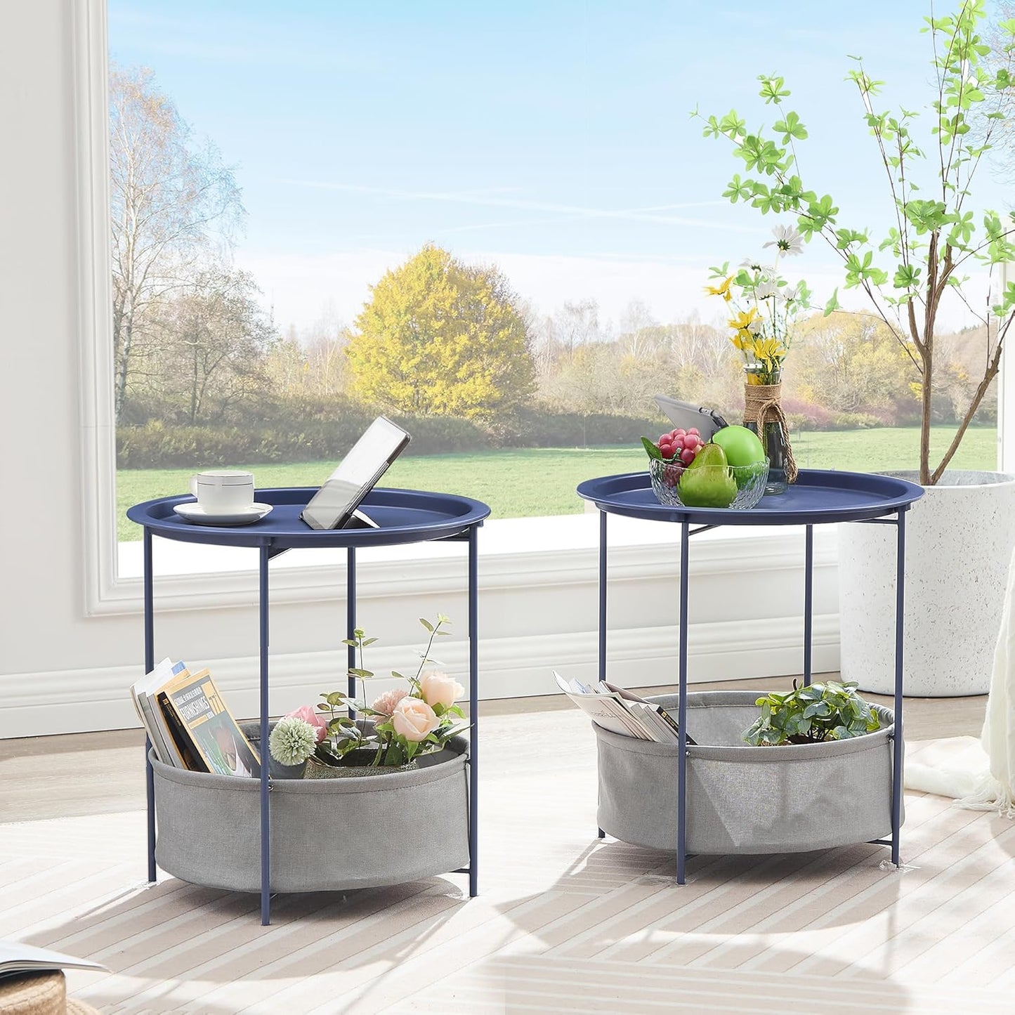 VECELO Round Side/End Table with Fabric Storage Basket，Metal Anti-Rust and Waterproof Small Bedside Nightstand with Removable Tray Top for Living Room，Balcony & Laundry，Blue /1pcs with Basket