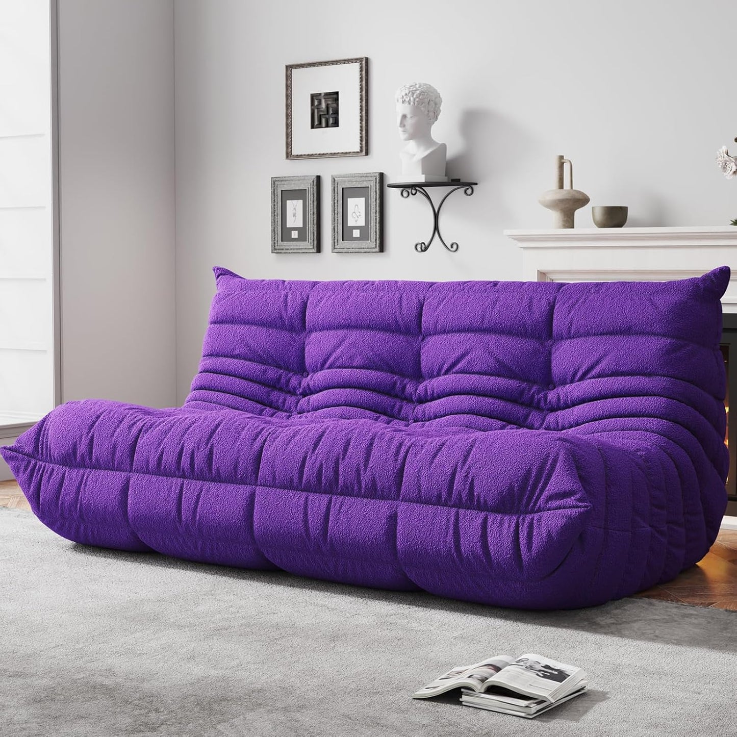 Bean Bag Chairs for Adults, BeanBag Reading Chair Memory Foam Couch 3-Seater, Floor Chair Soft Teddy Material, Comfy Reading Nook Chairs for Bedroom Living Room Office (Purple)