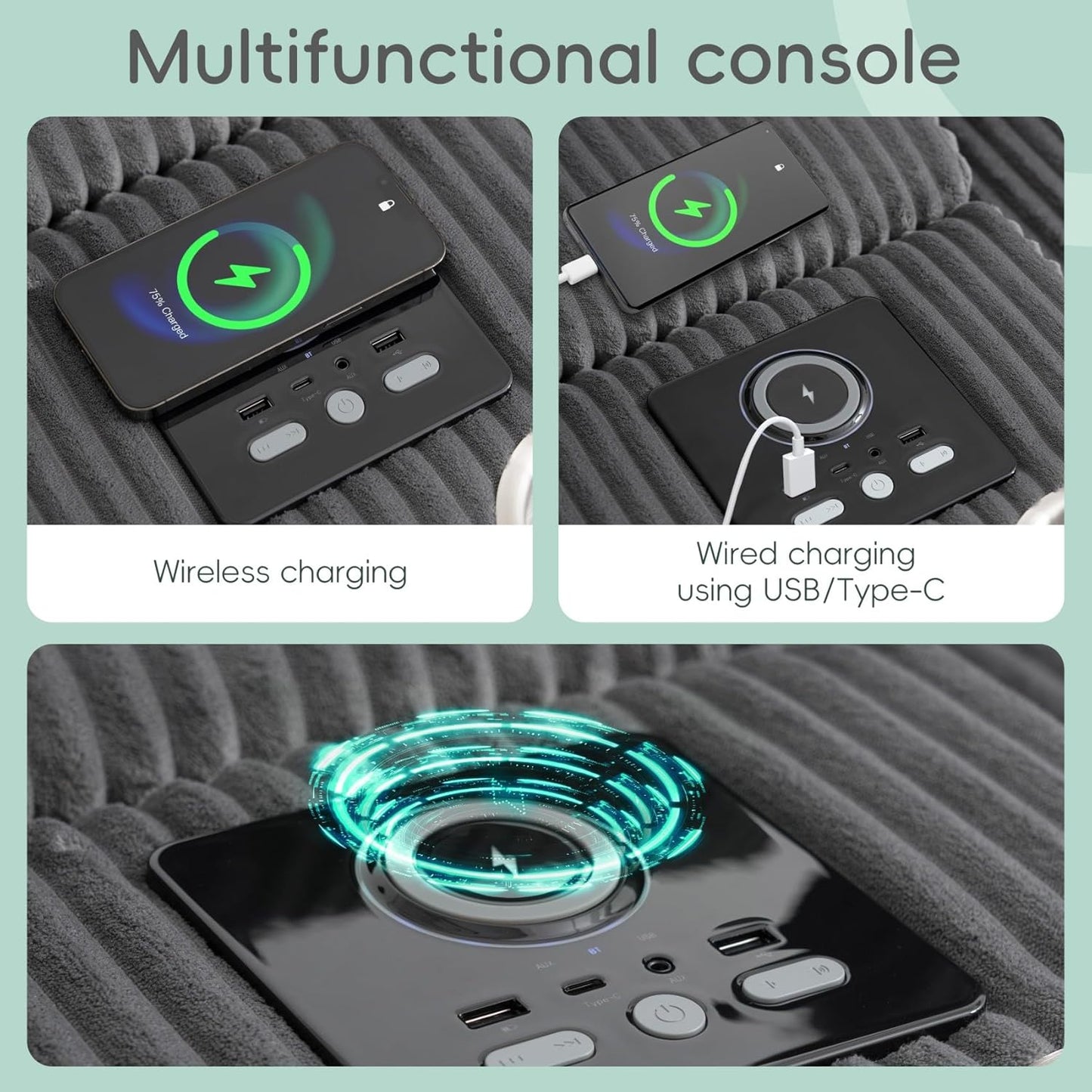 Merax 114 * 64" Corduroy Sectional Couches with Bluetooth Speakers, Storage, Ottoman & Pillows, Upholstered Modular Sofa Chaise with Console, USB Charger, Cup Holders for Living Room Apartment, Grey