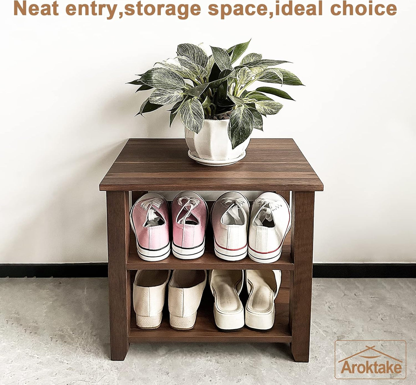 Small Shoe Rack Bench, 2-Tier Solid Wood Heavy Duty Shoe Organizer Shelf for Entryway, Living Room,Bedroom (Brown, 11.81"x15.75"x16.54")