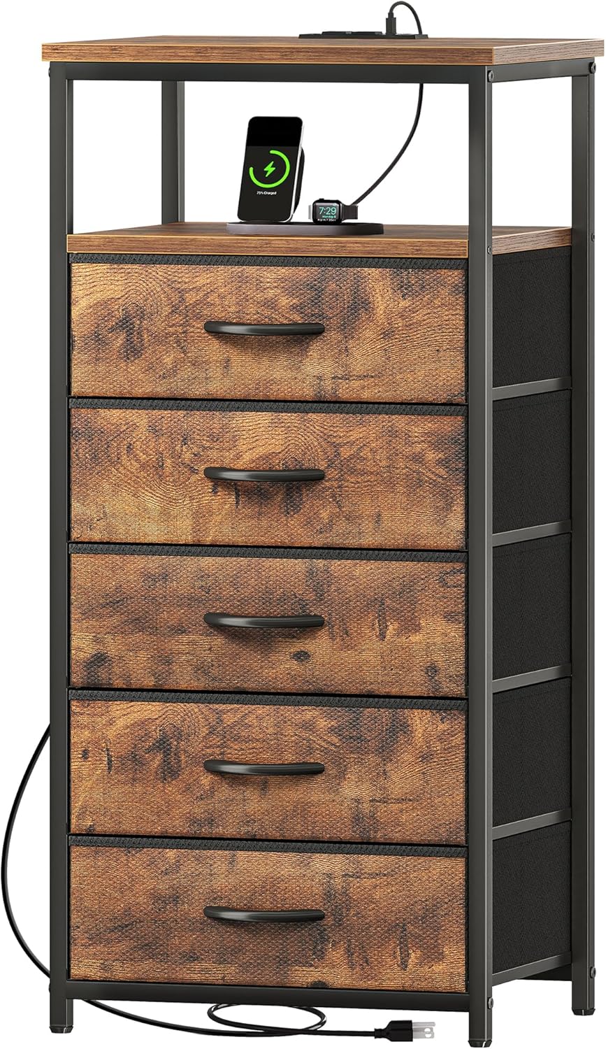 Huuger 5 Drawers Dresser with Charging Station, Dresser for Bedroom, Tall Night Stand, Chest of Drawers with Open Shelf, Bedside Table Nightstand, Fabric, for Entryway, Rustic Brown