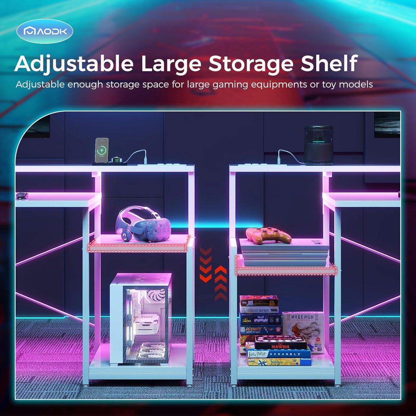 AODK Computer Desk, 48 Inch Gaming Desk with Led Lights & Power Outlet, Office Desk with Storage Shelves, Reversible Desk with Monitor Shelf & Headphone Hook, White