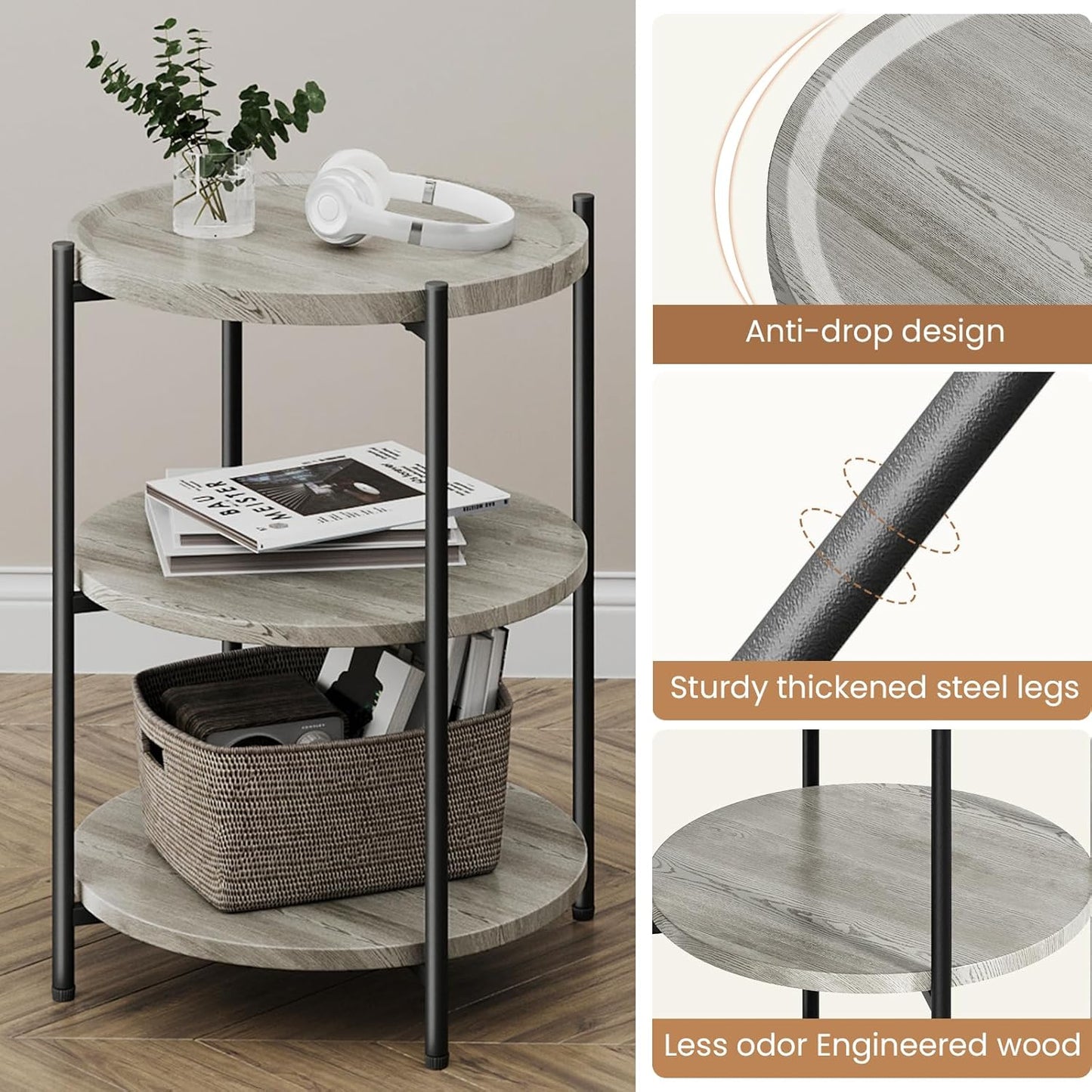 End Tables Living Room, 3-Tier Modern End Table with Wheels, Small Side Table Nightstand Bedside Table for Living Room, Bedroom, or Small Spaces-Gray