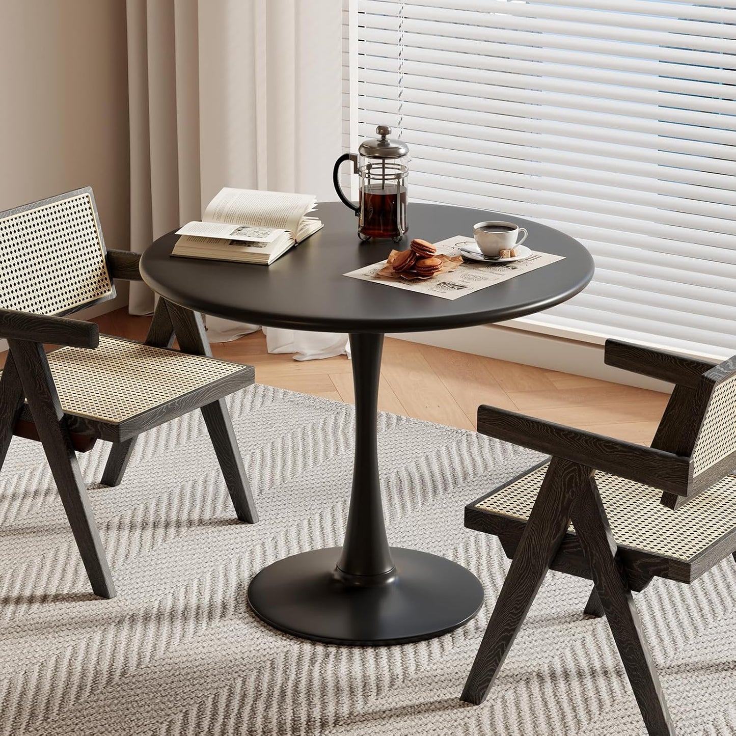 Black Small Tulip Table, 24 Inch Round Dining Table for 2 Person with Pedestal Base for Kitchen, Circle Bistro Table, Mid Century Modern Cafe Tables for Small Spaces in Living Room, Office, Pub, Bar