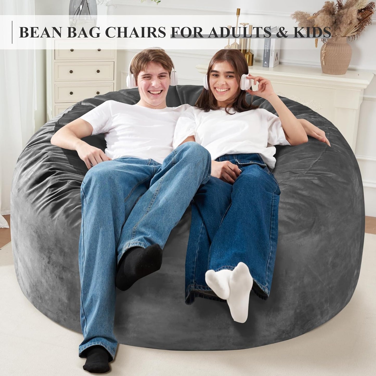 Homguava 5FT Bean Bag Chair Giant BeanBag with Memory Foam Filled, Comfy Bean Bag Chairs for Adults, Adult Bean Bag Chair with Dutch Velvet Cover for Living Room Bedroom-Grey