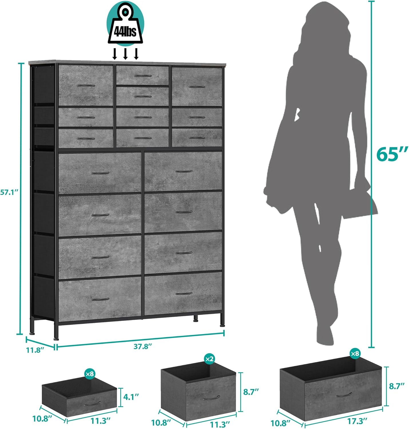 Chest of Drawers for Bedroom, Tall Gray Fabric Dresser with 18 Deep Drawers, Large Clothes Organizer Bin Vertical Storage Cabinet for Closet, Nursery, Office