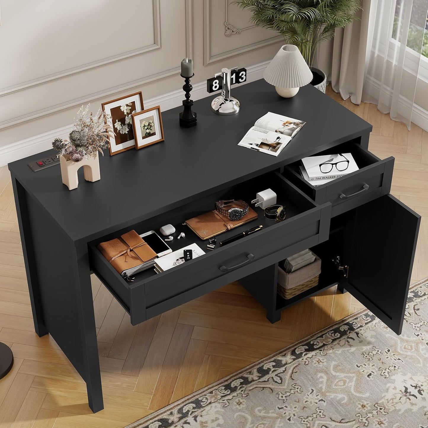 Farmhouse 47" Executive Desk, Computer Desk with Drawers and Storage Cabinet, Workstation Computer Desk for Home Office, Study.(Pure Black)