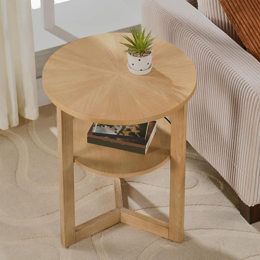 MODERION Round End Table, Rustic Side Tables with Storage Shelf, Classic Circular Solid Wood Beside Table-, 2-Tier Telephone Tables-, Nightstand, 24”H x 19.3”D for Living Room Wood Natural BZ3338OA