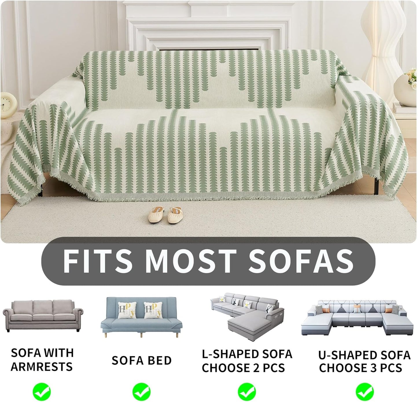 HAOMAIJIA Boho Sofa Covers Couch Covers for 3 Cushion Couch Sofa Pet Friendly Soft Thick Non Slip Couch Cover for Dogs Washable Sectional Couch Covers L Shape Furniture Protector (Green, 71"x134")