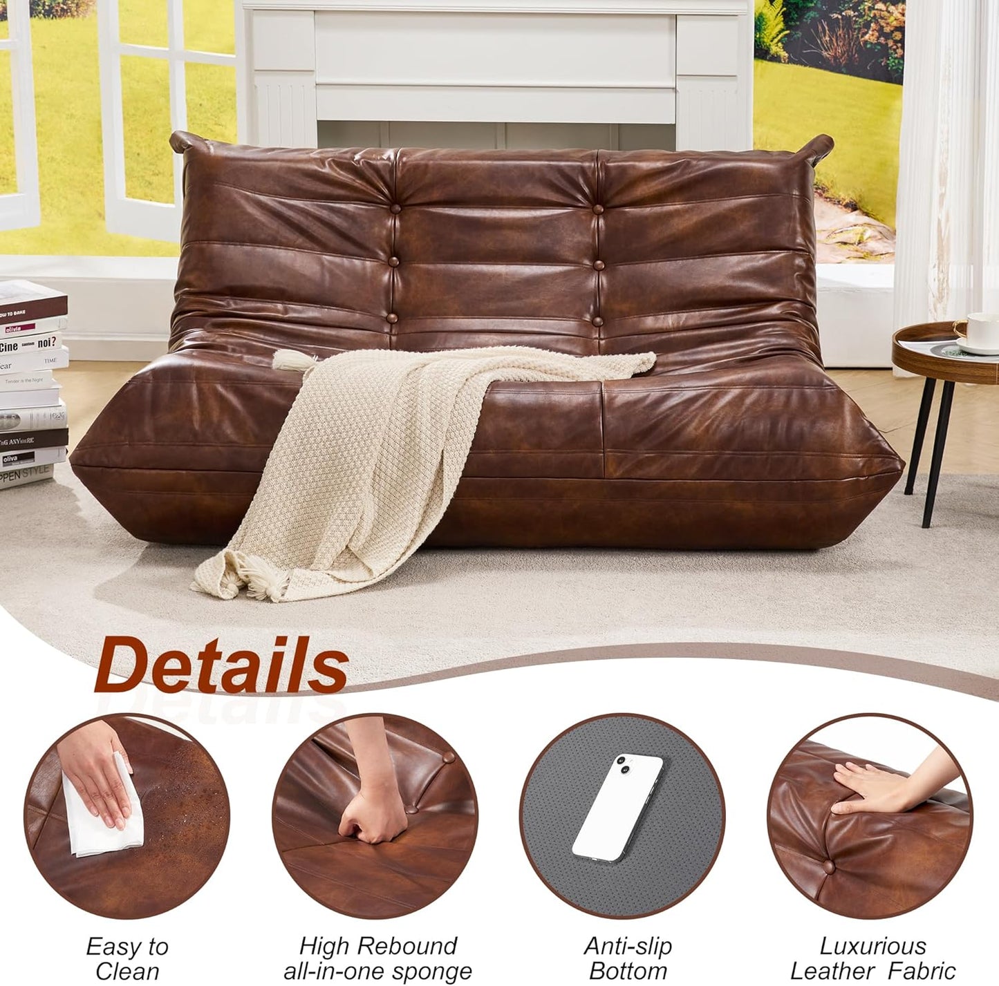 Hobestluk Bean Bag Chair Giant Bean Bag Sofa 2 Seater Bean Bag Chairs for Adults, Loveseat Floor Chair, Leather Bean Bag Chairs for Living Room Bedroom Dorm (Brown, Loveseat)