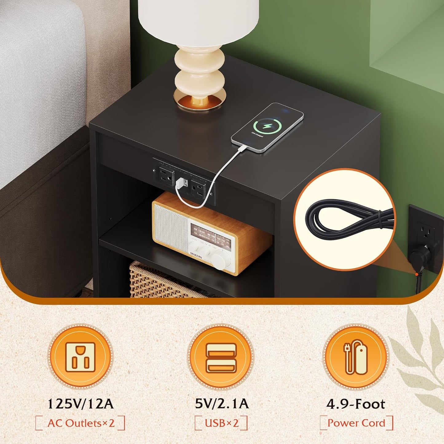 WLIVE Black Nightstand, Night Stand with Charger Station, Bedside Tables, Side Table with Storage Shelf, End Table with USB Ports and Outlets for Bedroom, 15.12" D x 11.73" W x 23.74" H