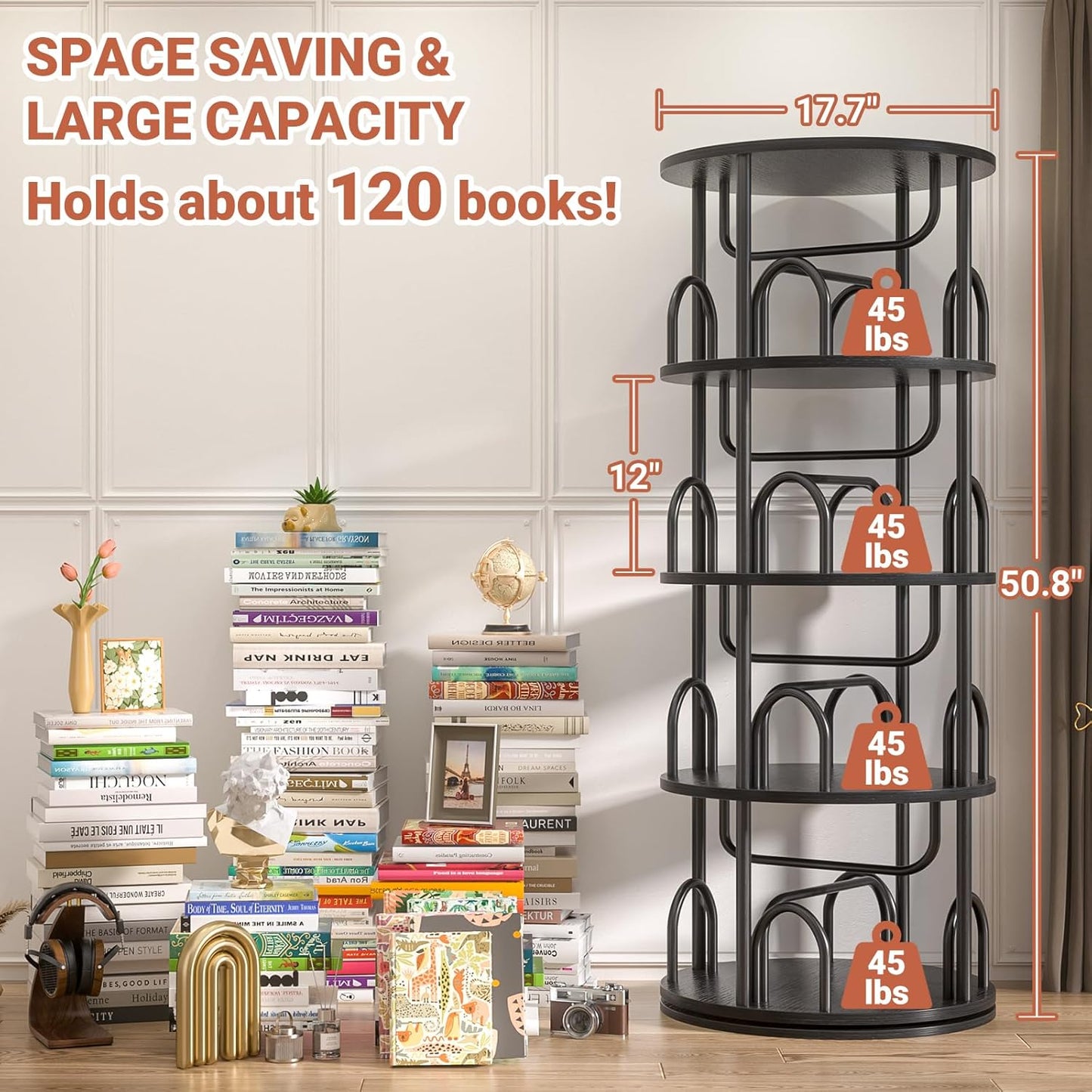 Aheaplus 4 Tier Rotating Bookshelf Tower, 360 Display Spinning Bookcase, Revolving Round Book Shelf Narrow Swivel Bookshelf, Vertical Turning Spiral Corner Book Organizer for Small Space, Black