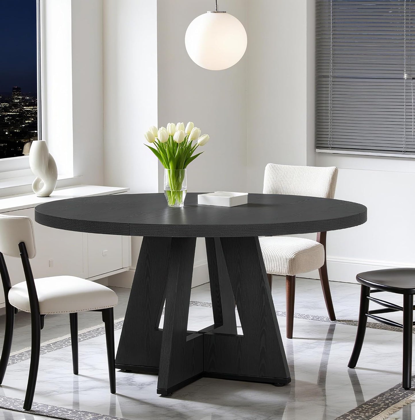 47" Round Dining Table for 4-6, Modern Dinner Table Farmhouse Round Small Kitchen Tables with Wooden Cross Base for Dining Room, Kitchen, Living Room, Black