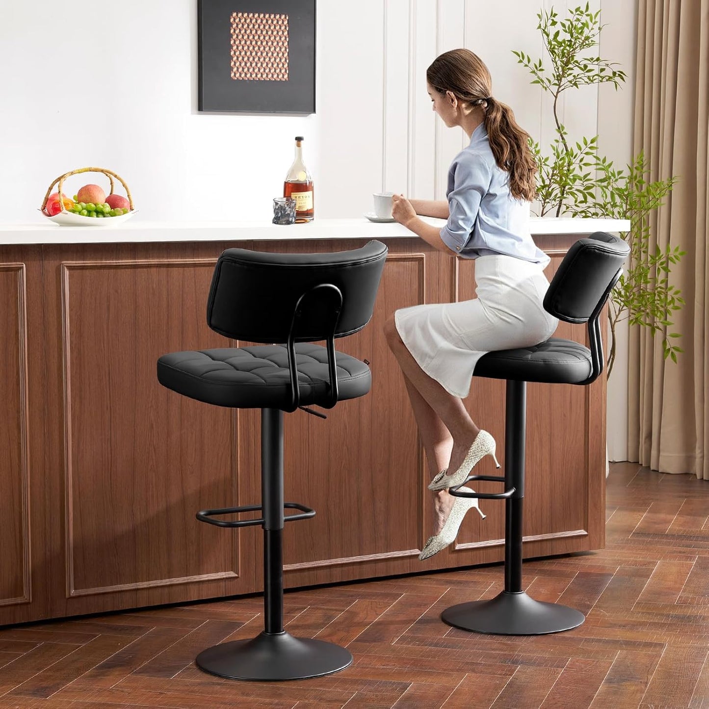 Furniliving Modern Bar Stools Set of 2 Faux Leather, Upholstered Swivel Barstools with Back, Adjustable Bar Chairs Counter Height for Kitchen Island, Dining Space, Black