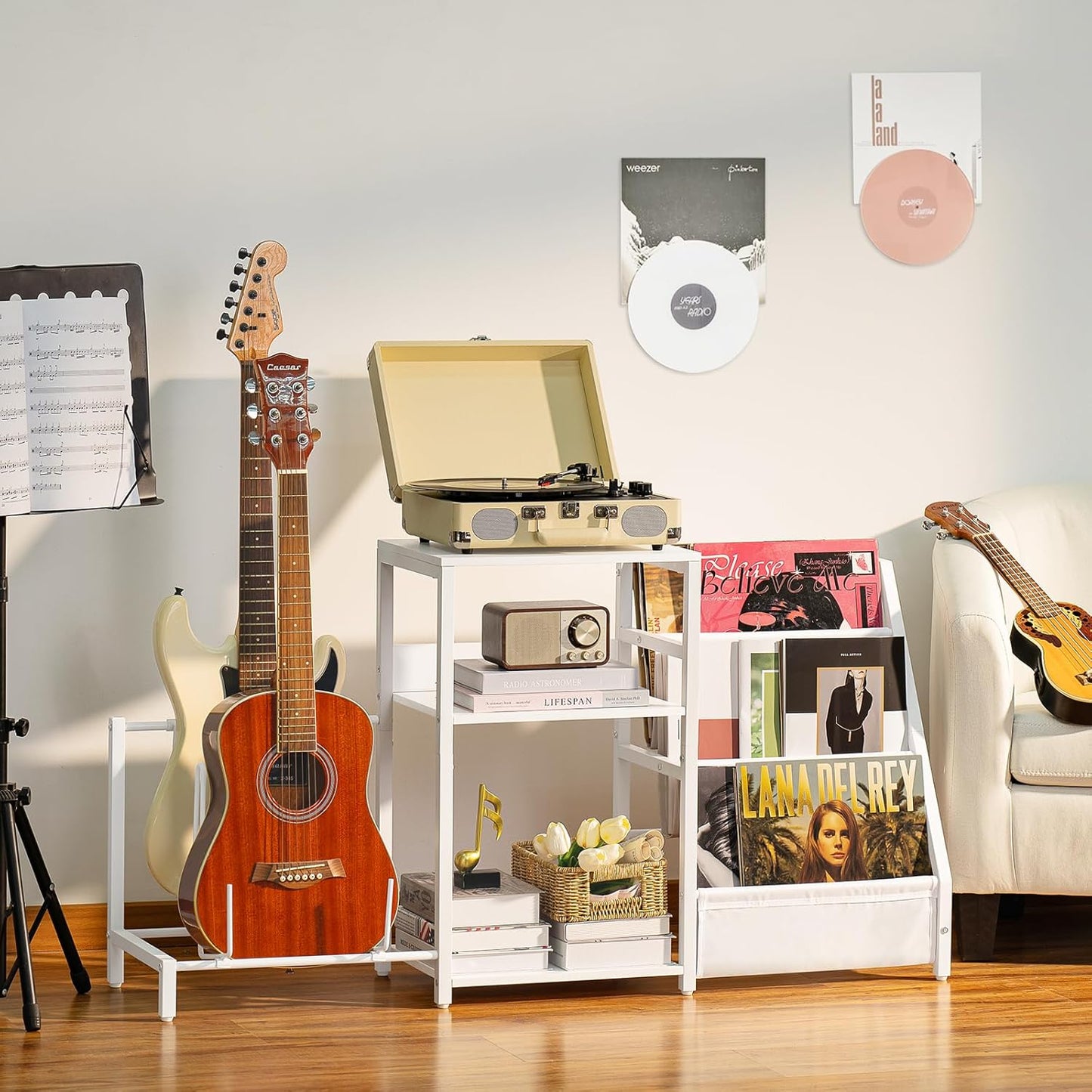 LELELINKY Record Player Table,Adjustable Guitar Stand for Acoustic Guitar, Electric Guitar, Bass, White Turntable Holder with Vinyl Storage Up to 150 Albums, Side Table with Magazine Periodical Rack