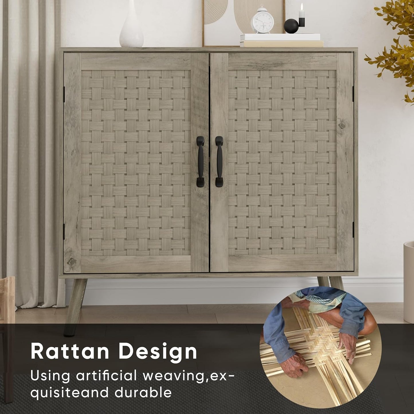 Smuxee Wood Sideboard, Freestanding Buffet Cabinet with 2 PVC Rattan Doors, Storage Cabinet with Adjustable Shelf for Living Room, Entryway, Hallway