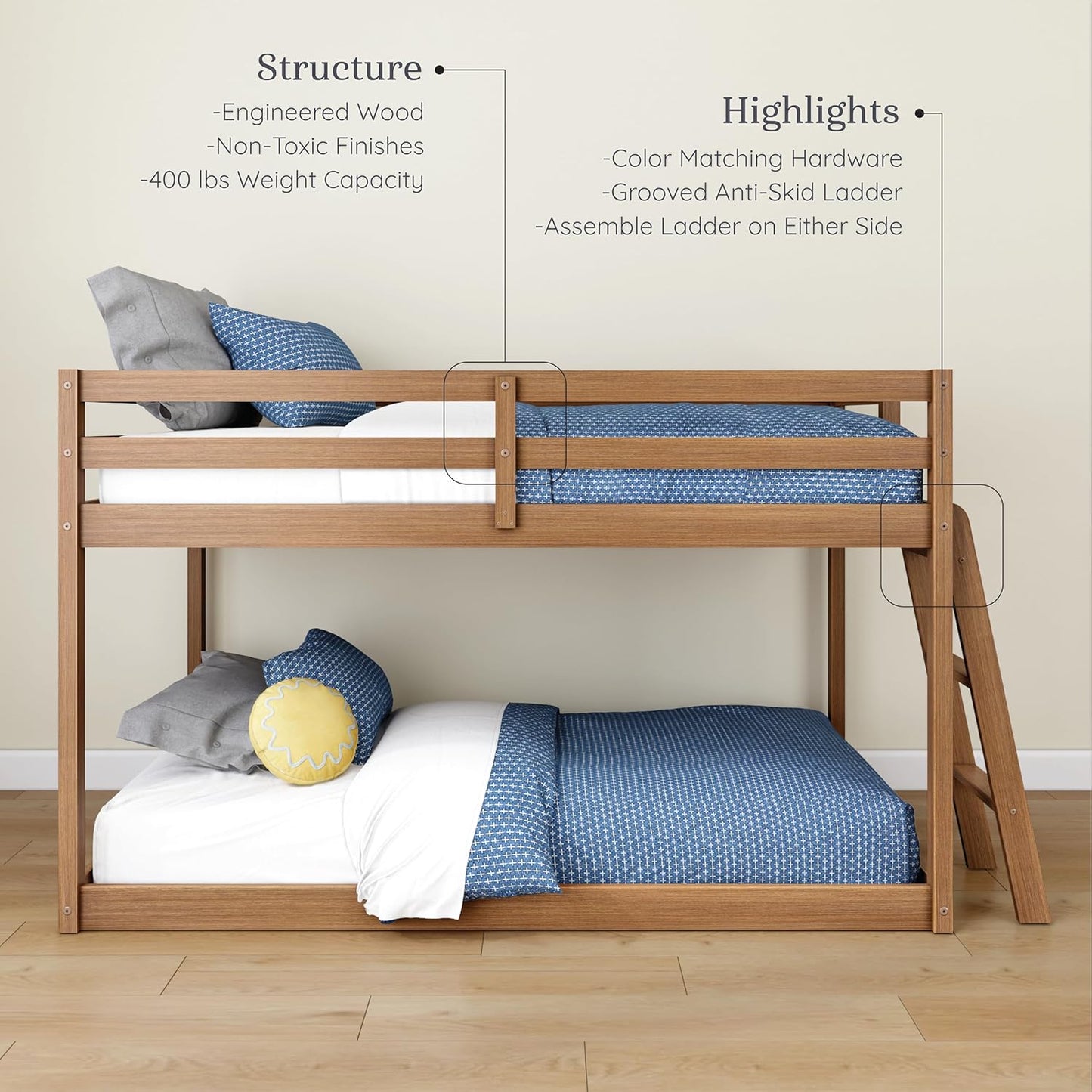 Grain & Grove Bear Twin Over Twin Bunk Bed, Low Bunk Bed Frame for Kids, Bunk with Ladder, Guardrail, and Slats, No Box Spring Required, Oak Embossed Pecan