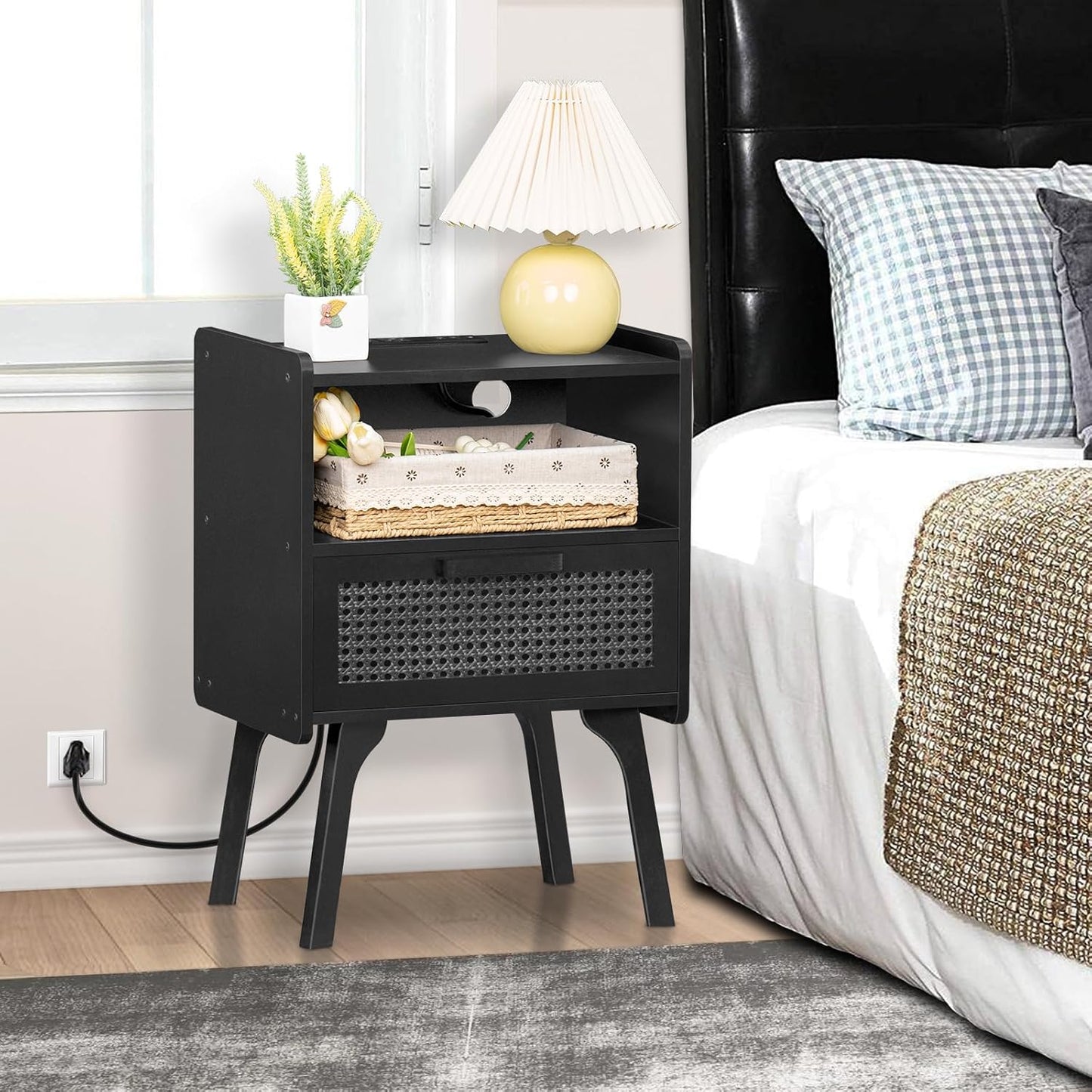 Lerliuo Rattan Nightstands Set of 2 with Charging Station, Boho Side Table with Drawer Open Shelf, Cane Accent Bedside End Table with Solid Wood Legs for Bedroom, Dorm and Small Spaces (Black)