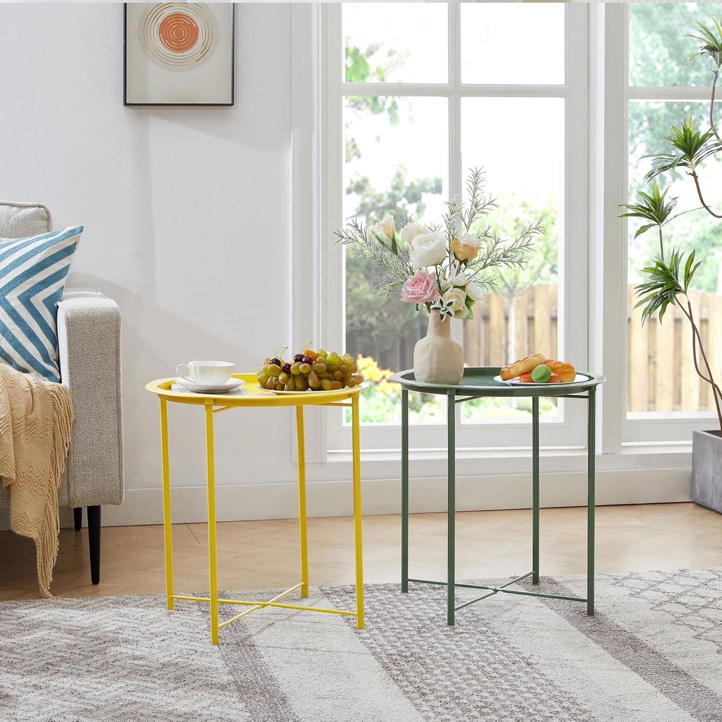 VECELO Side/End Table, Folding Round Metal Anti-Rust and Waterproof Outdoor or Indoor Tray for Living Room Bedroom Balcony and Office, 1 PCS,Yellow