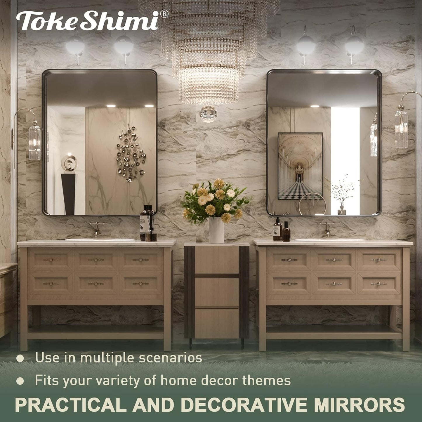 TokeShimi 24 x 32 Inch Black Mirror Wall Mirror for Bathroom Black Metal Frame Decorative Rectangular Wall Mounted Home Decor Corner Hangs (Horizontal/Vertical) Living Room Entryway