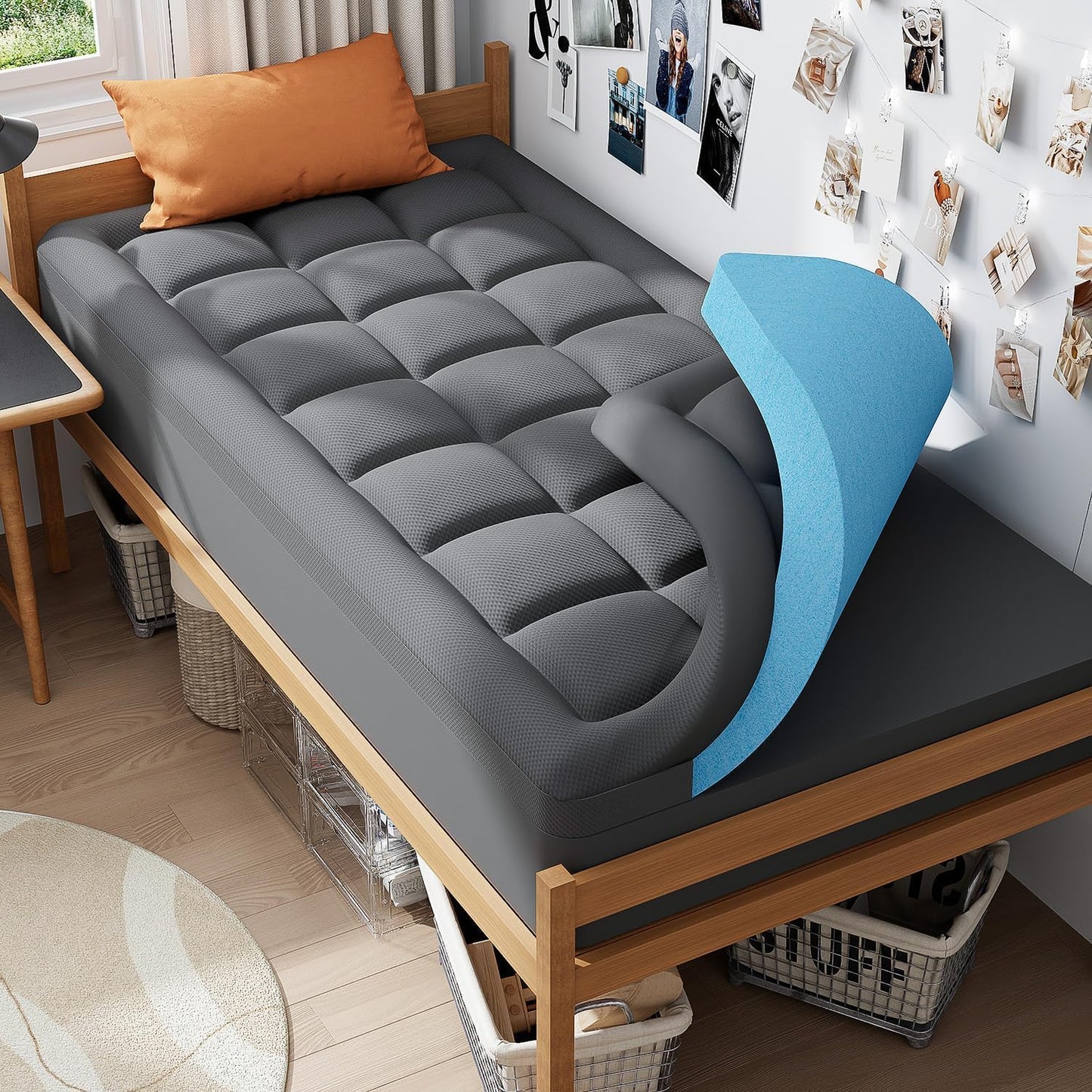 ELEMUSE Dual Layer 3 Inch Memory Foam Mattress Topper Twin XL, Dorm Room 2 Inch Cooling Gel Memory Foam Plus 1 Inch Down Alternative Pillowtop Mattress Pad, College Essential, Comfort Support, Grey