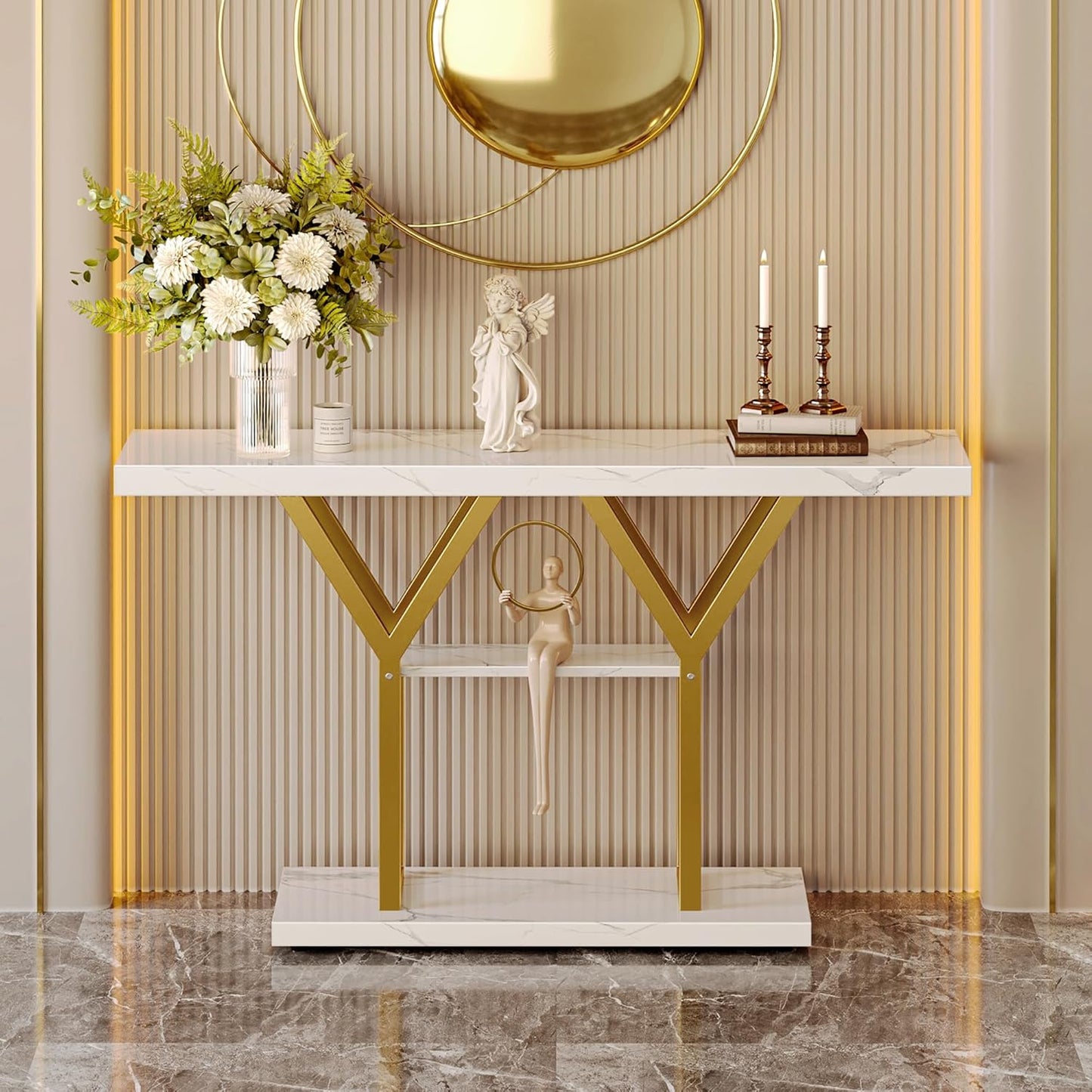 Huuger 47.2 Inch Entryway Table with Marble Top, Industrial Console Sofa Table, 3 Tier Accent Table, for Entry, Hallway, Entrance, Foyer, Y-Shaped Metal Base, Rusitc Brown