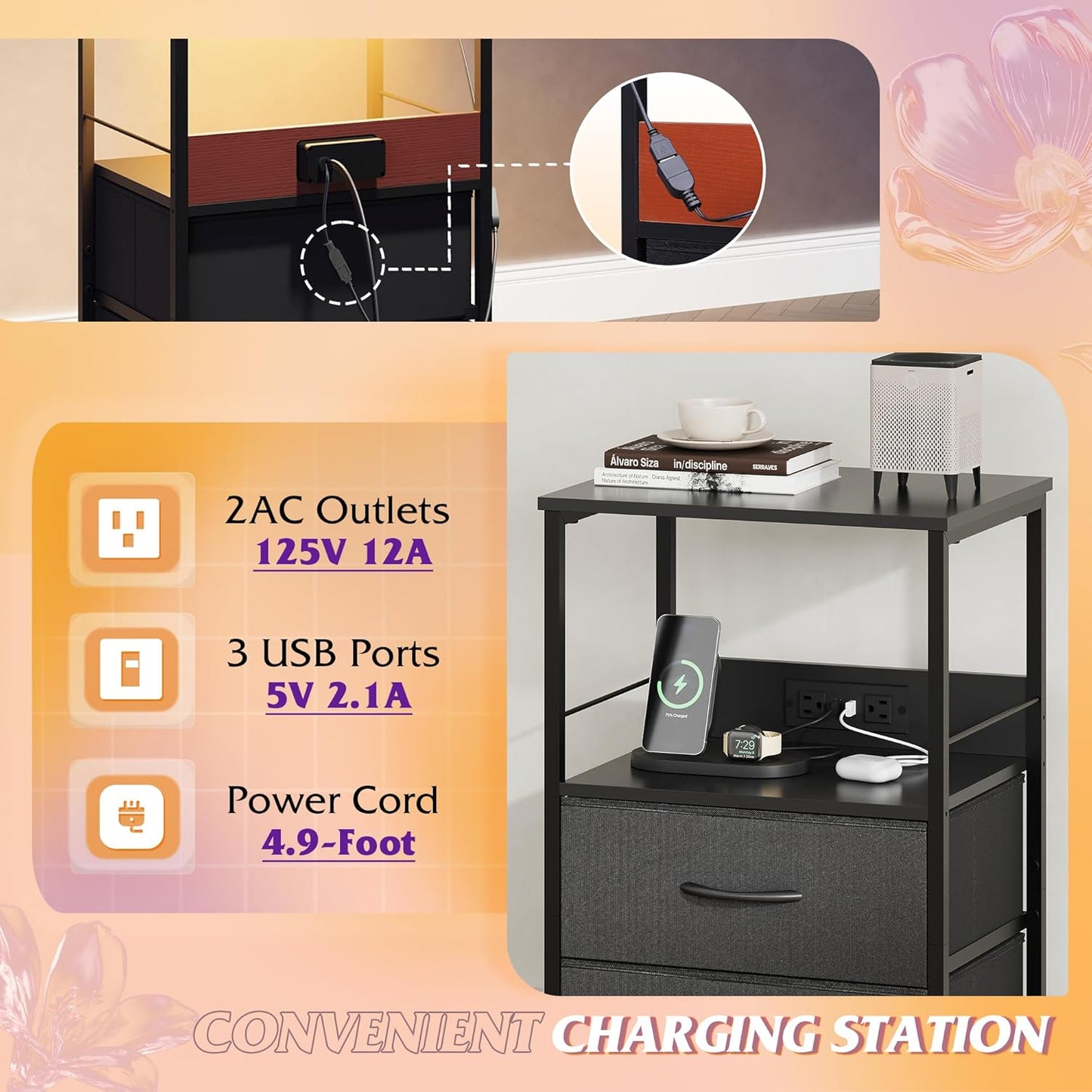 WLIVE Night Stand Set of 2 with Charger Station, Black Nightstand Sets with 2 Fabric Drawers and Storage Shelf, LED Bedside Table, Bedroom Small End Tables with 3 USB Ports and 2 AC Outlets