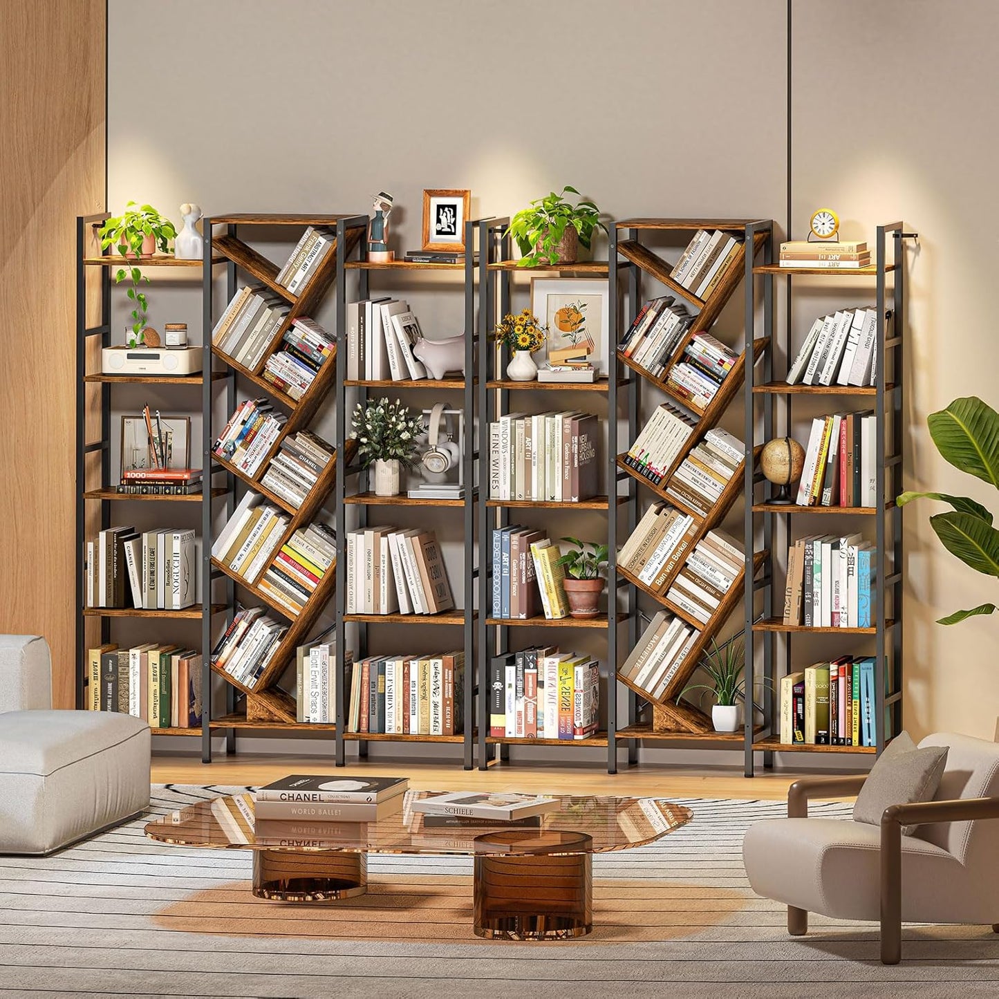 Triple 5 Tier Bookshelf, Large Bookcase Industrial Bookshelf with 19 Open Display Shelf, Wooden Wide Tall Tree Bookshelf for Living Room Home Office, Rustic Brown