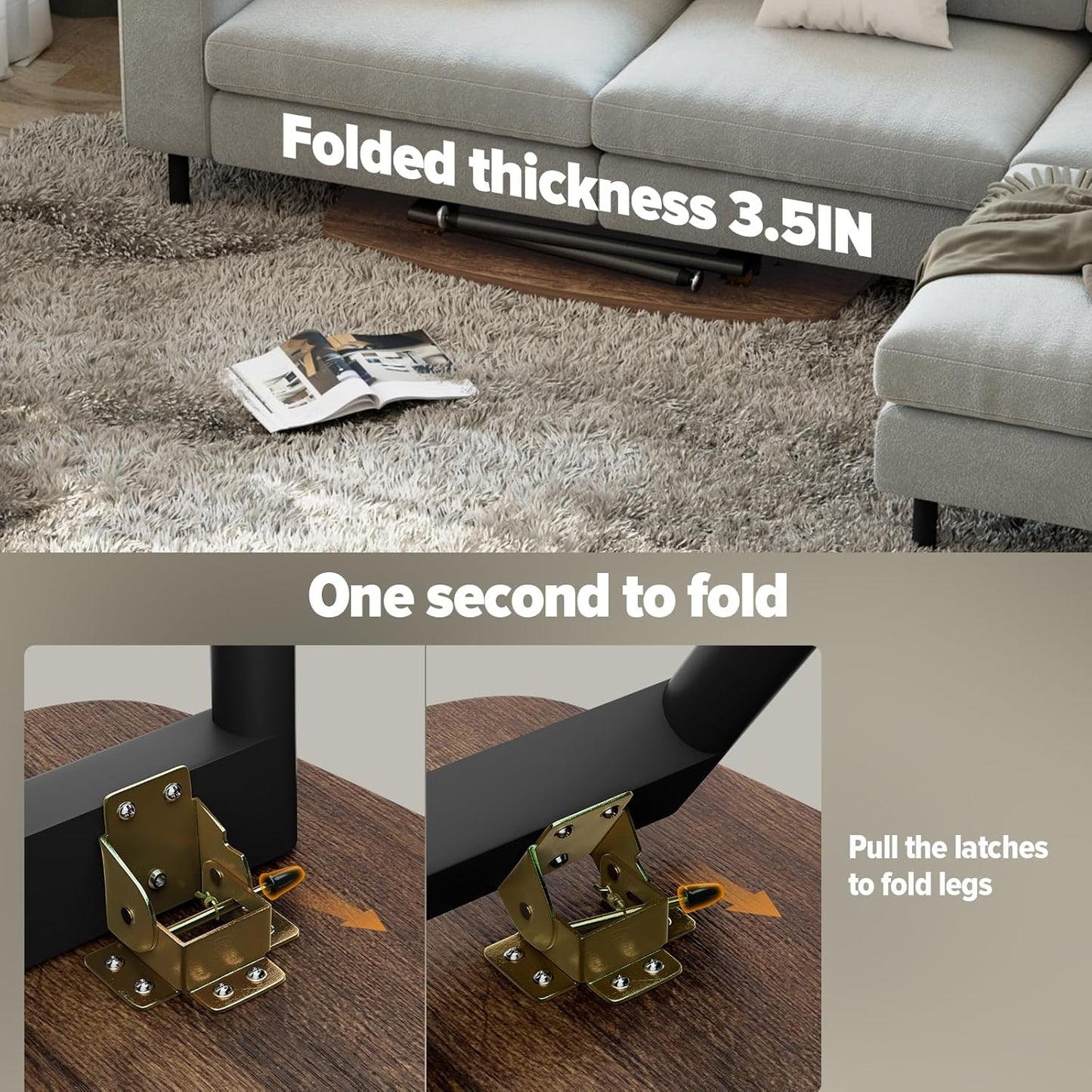 WOHOMO Folding Coffee Table Rustic Small Coffee Tables for Living Room Farmhouse Portable Table for Small Spaces Rectangular Mid Century Coffee Table, No Assembly 39.3 * 19.6 * 17.7IN, Walnut