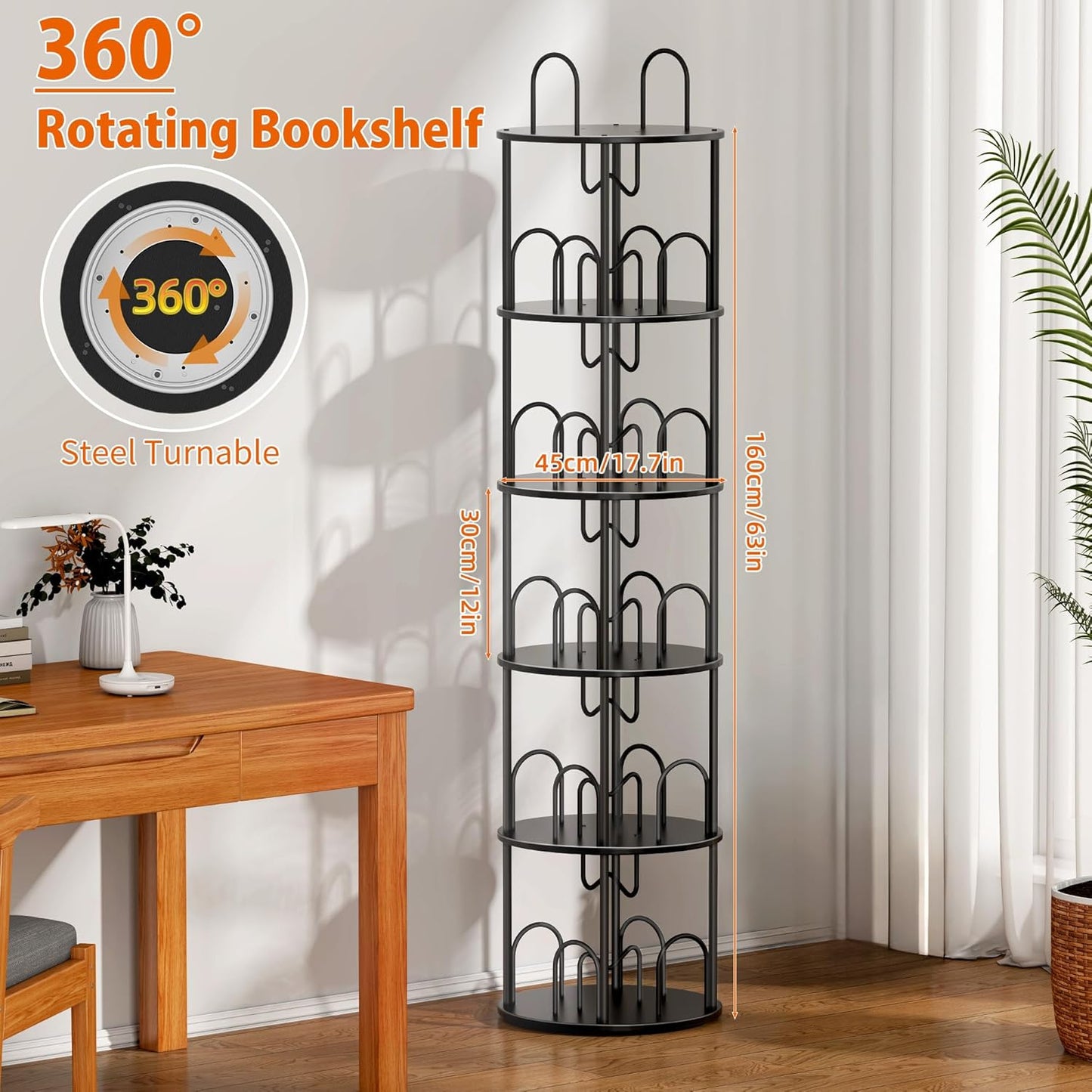 5 Tier Rotating Bookshelf, 360° Spinning Bookshelf Tower, Round Narrow Space Saving for Books and Display, Revolving Bookcase Corner Tall Book Shelf for Small Spaces, Bedroom, Living Room, Black