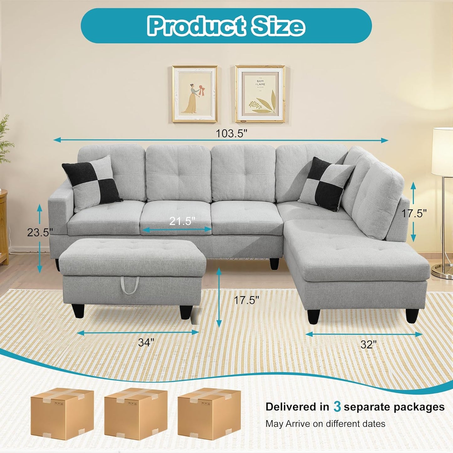 Couches for Living Room Modern L Shaped Couch Comfy Flannel Fabric 3 Pieces Sectional Sofa with Chaise, Ottoman with Storage for Office and Small Apartment, Light Grey