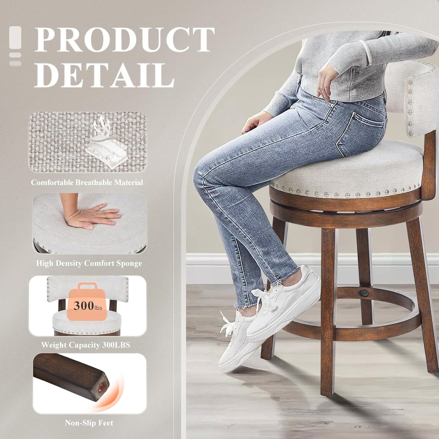 COLAMY Swivel Bar Stool, Modern Swivel Barstool with Back, Counter Height Bar Stools, 25 Inch Upholstered Wood Barstool for Kitchen Island Dining Room Bar, Beige