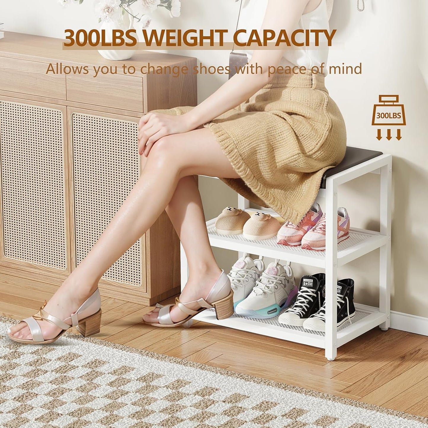 Small Shoe Bench Shoe Rack Storage Bench Entryway Bench Shoe Shelf with Seat Cushion, Stable Shoe Organizer for Entryway, Living Room, Bench Seat Holds Up to 300 lb, (18"L x 12"W x 17"H, White)