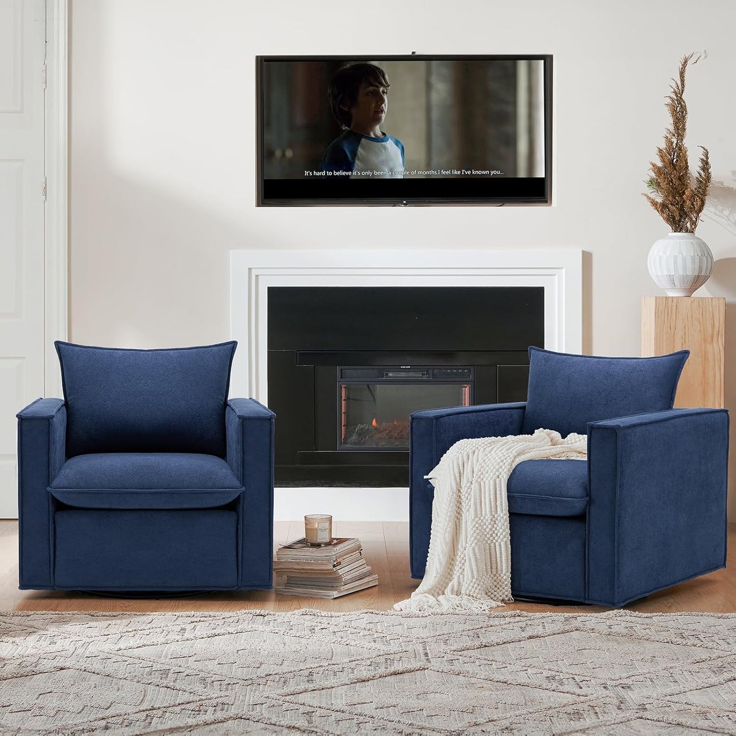 COLAMY Swivel Accent Chair, 34in Living Room Chair Upholstered Armchair with Back Pillow Modern Comfy Sofa Chair for Bedroom/Corner/Reading, Blue